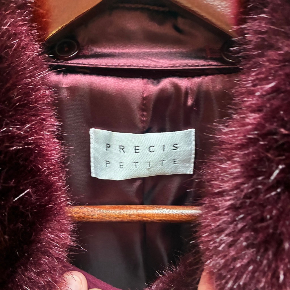 Precis Petite Wool Cashmere Pea Coat Size 14 Burgundy Faux Fur Timeless Winter - Picture 12 of 16